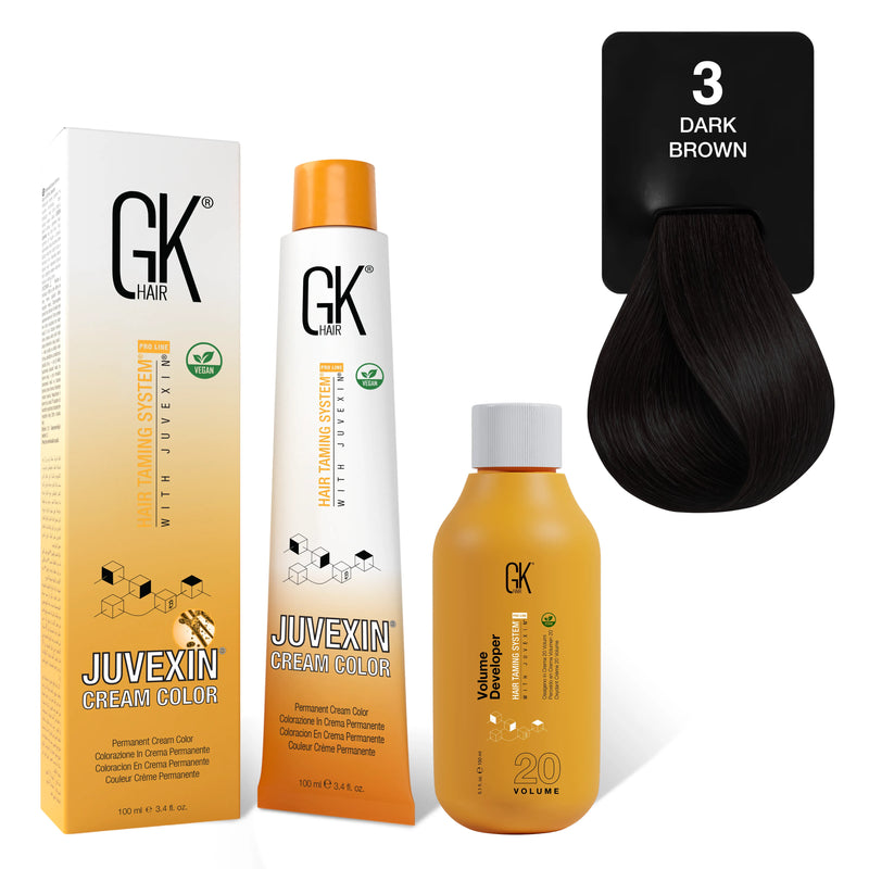 GK Hair's Juvexin 3 Dark Brown Cream Color product set including Volume Developer.
