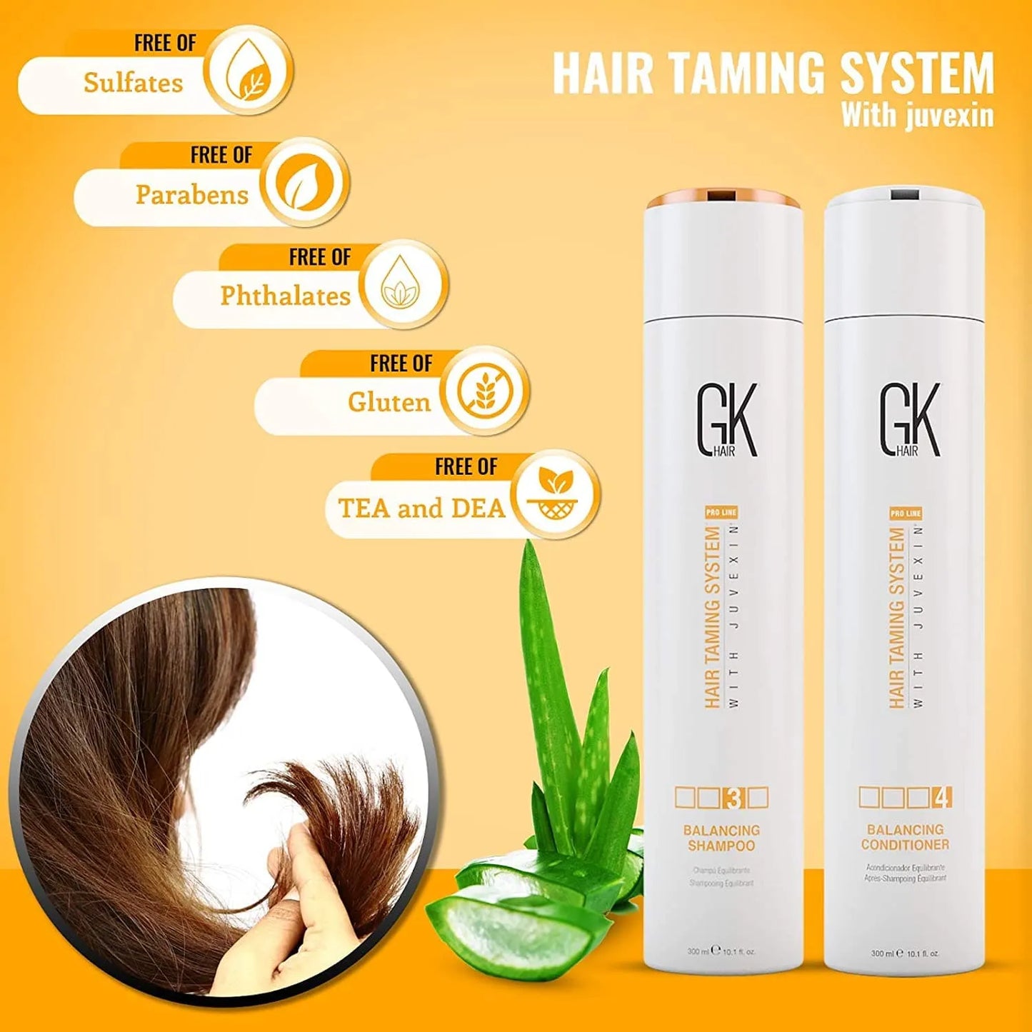 GK Hair Balancing Shampoo and Conditioner 300 ml bottles with aloe, free of sulfates, parabens, phthalates, gluten, TEA, DEA