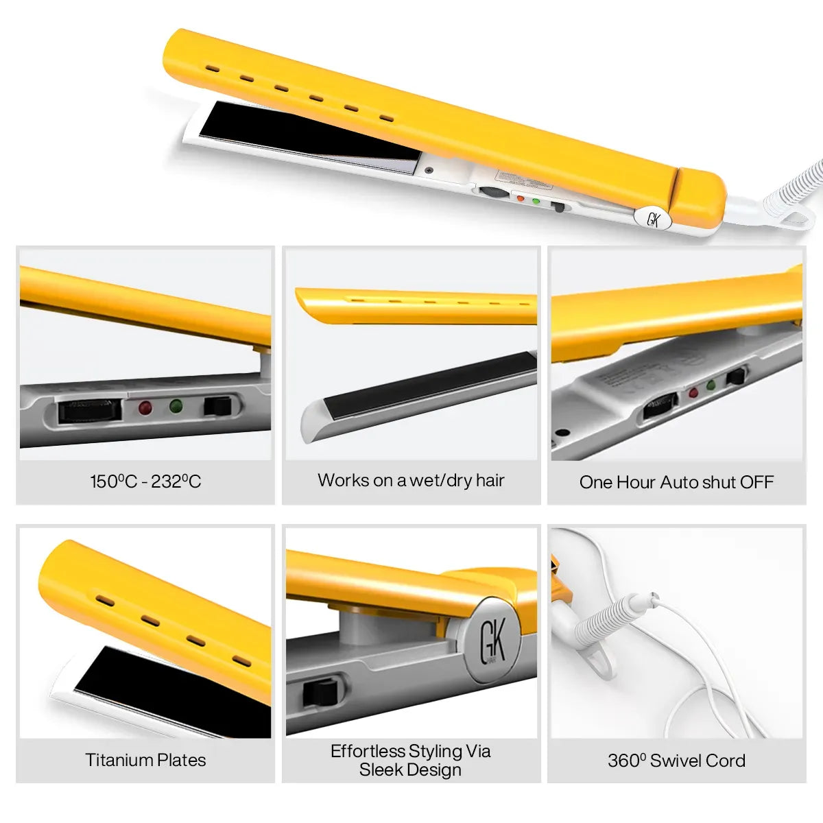GK Hair D700 Titanium Flat Iron feature grid: 150-232C, wet or dry hair, auto shut-off, titanium plates, 360 swivel cord