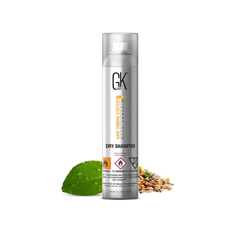 GK Hair Dry Shampoo silver 332 ml aerosol can beside a green leaf and mixed seeds on a white background
