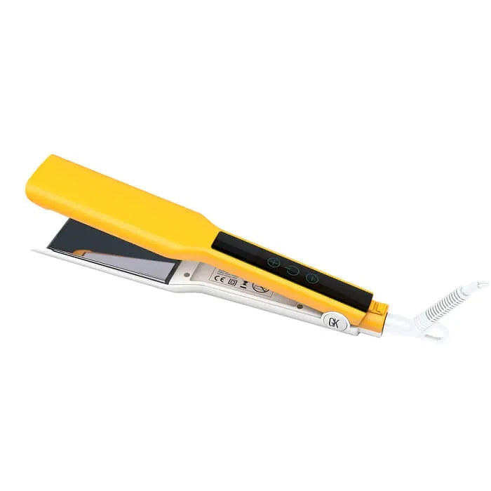 GK Hair Easy Control Flat Iron in yellow, angled view with its black touch panel of plus, temperature and power keys