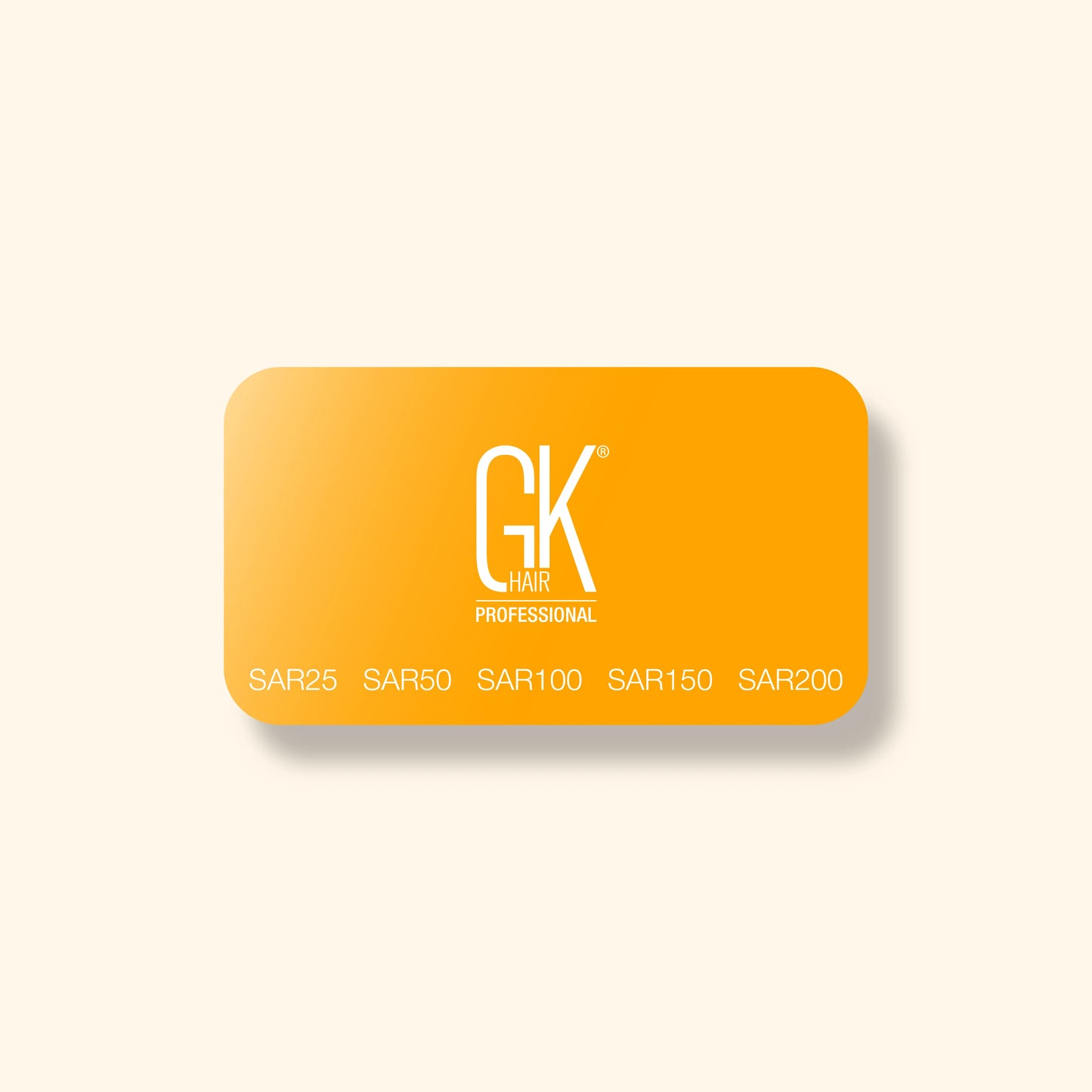 Orange gift card with rounded corners featuring "GK Hair Professional" in white text. The bottom right corner displays "SAR25, SAR50, SAR100, SAR150, SAR200". Minimalist design.