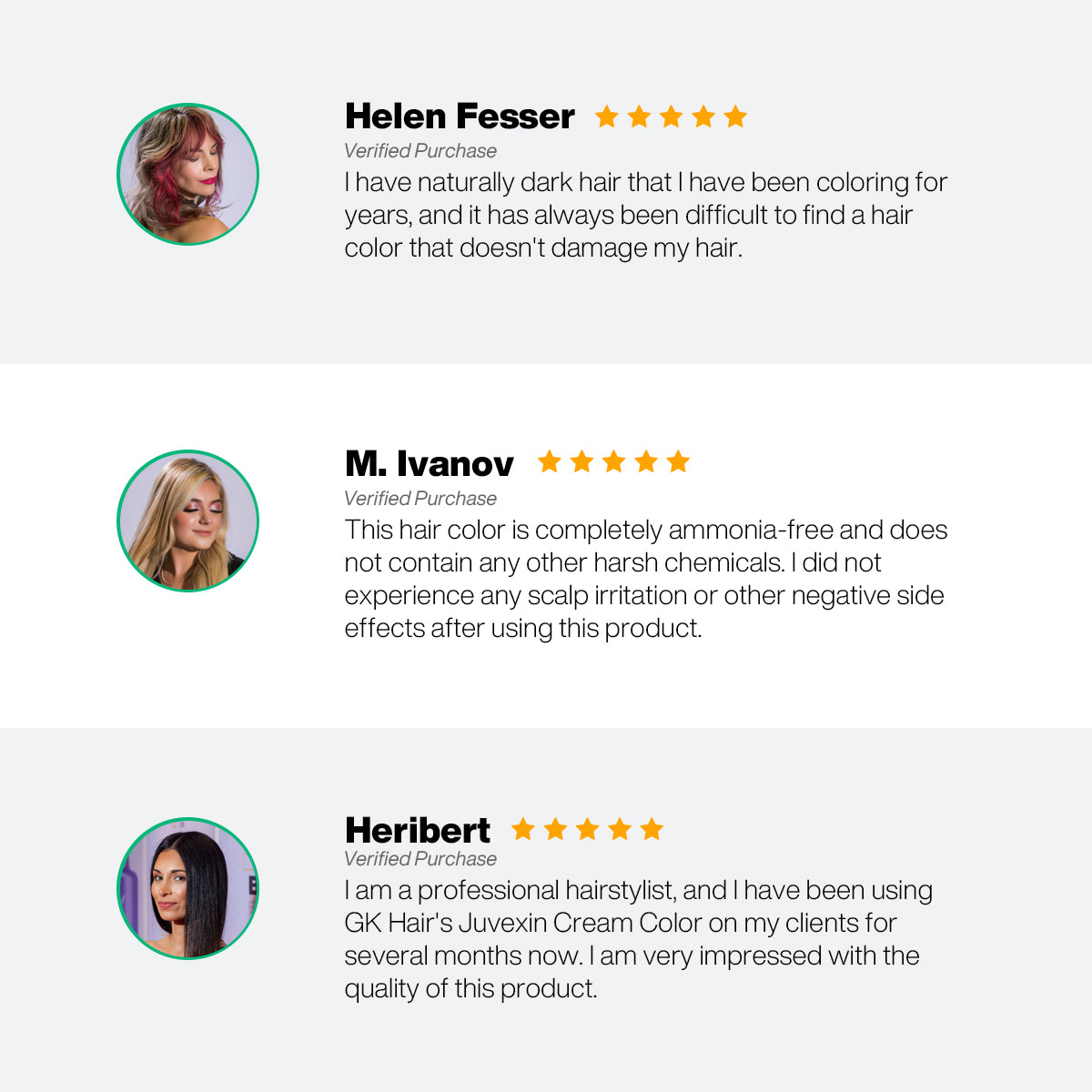 Juvexin Cream Color Clients Review-Product reviews for a hair color product with user testimonials and star ratings.