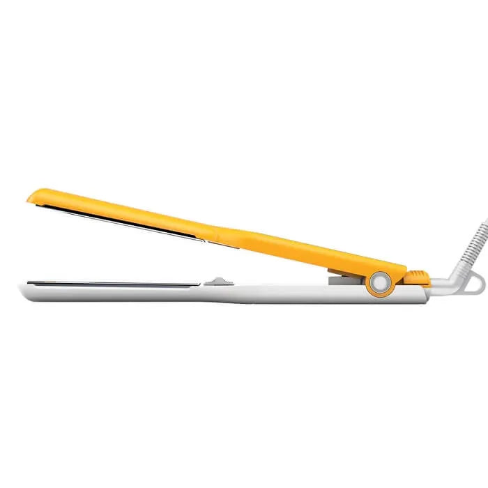 GK Hair One Control Titanium Flat Iron in yellow and white, side view with plates open and coiled cord, on a white background