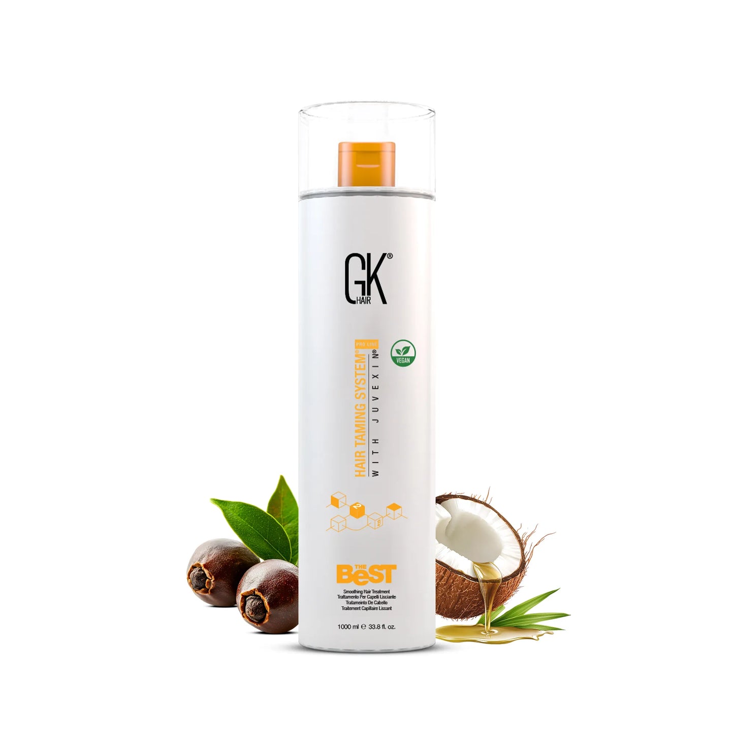 GK Hair The Best Smoothing Hair Treatment 1000 ml white pump bottle with clear cap, Vegan badge, nuts and a halved coconut