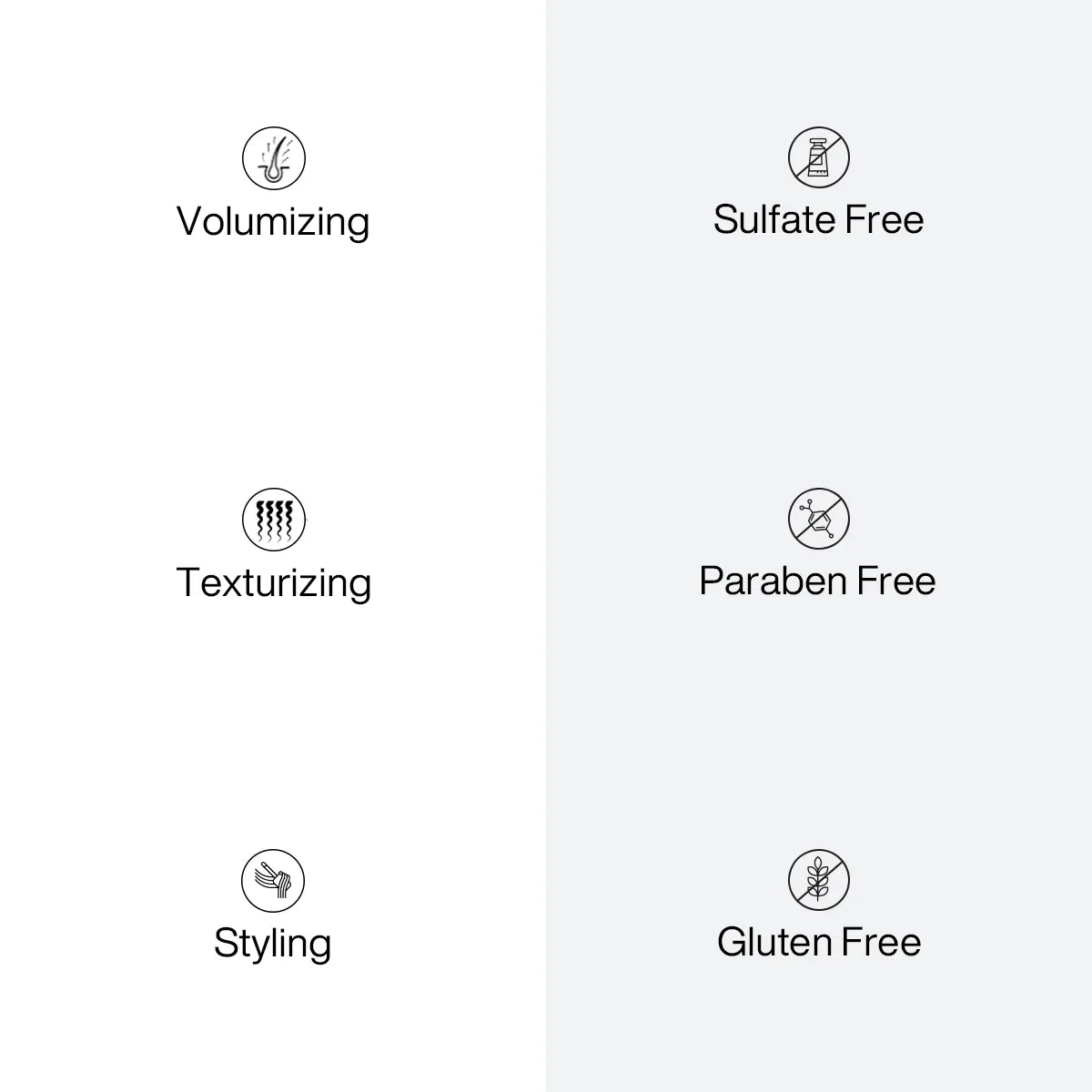 Benefit icon panel reading Volumizing, Texturizing, Styling, and Sulfate Free, Paraben Free, Gluten Free