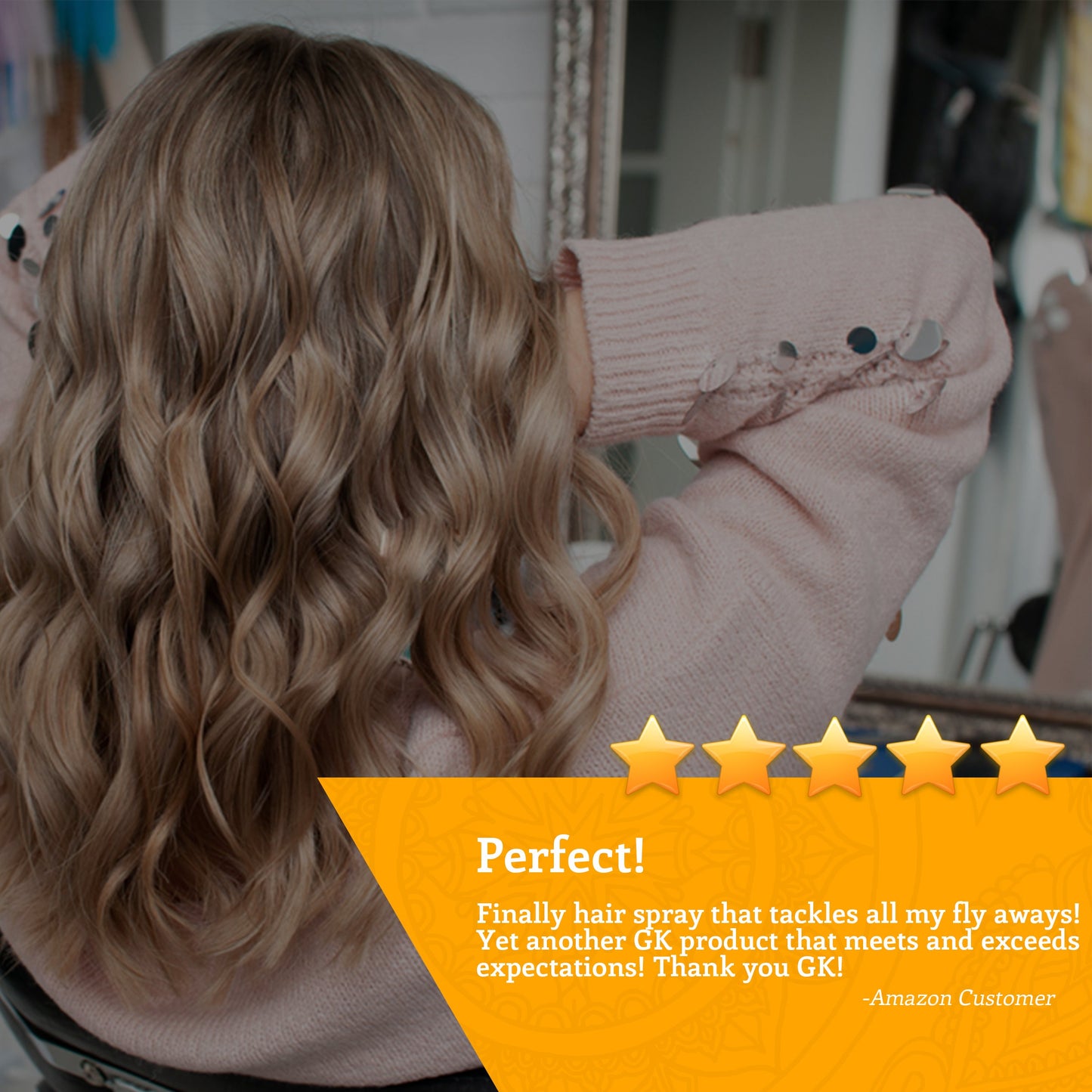 Five-star review of GK Hair Strong Hold Hairspray beside blonde waves: Perfect! Finally hair spray that tackles all my fly aways