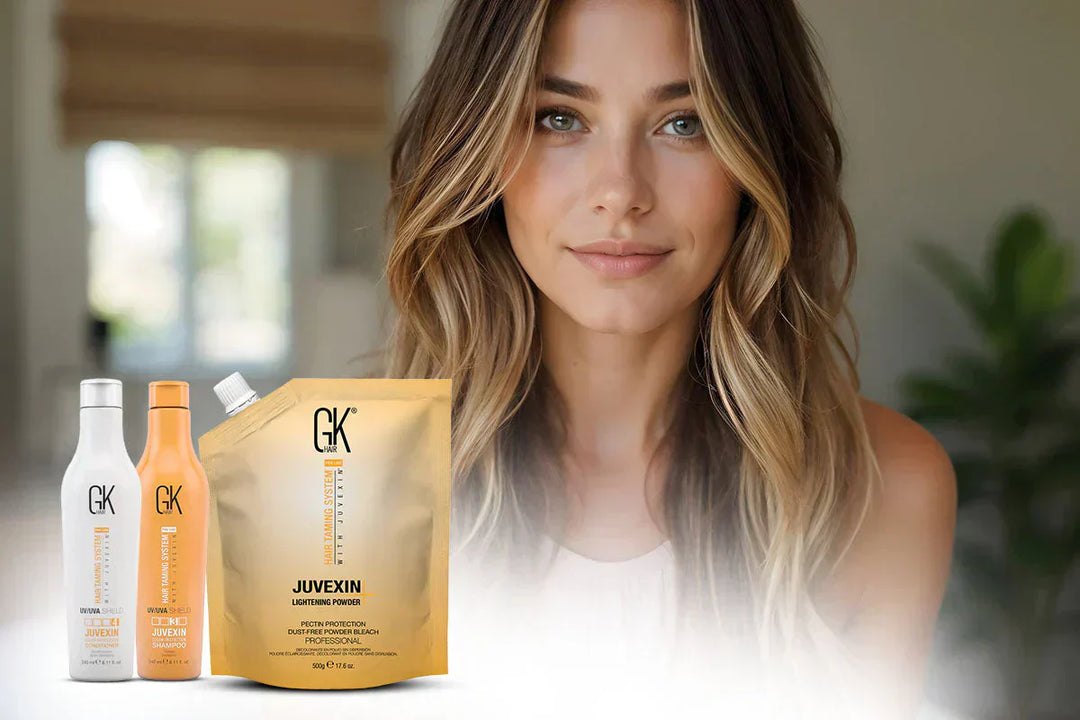 Product display featuring GK hair care items: Juvexin lightening powder, shampoo, and conditioner, with a model showcasing stunning hair.