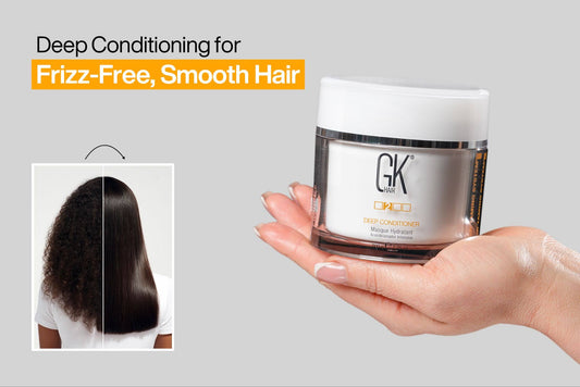 A hand holds a jar of GK Hair Deep Conditioner beside a split image showing frizzy hair transforming into smooth hair.