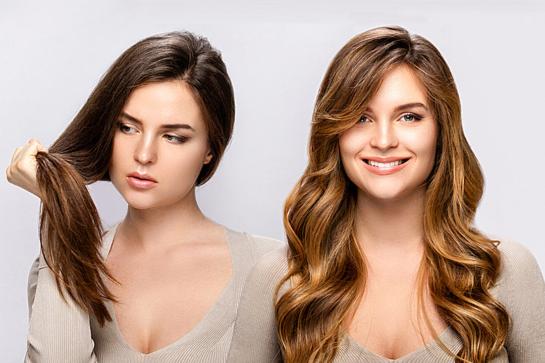 Two women showcase different hairstyles: one with straight, long hair and the other with styled, wavy hair. Both wear neutral tops.