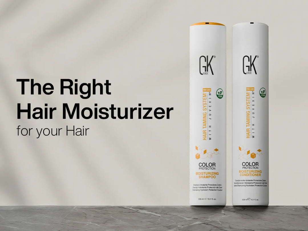 GK Hair Moisturizing shampoo and conditioner, showcasing a modern design with text promoting hair moisturization.