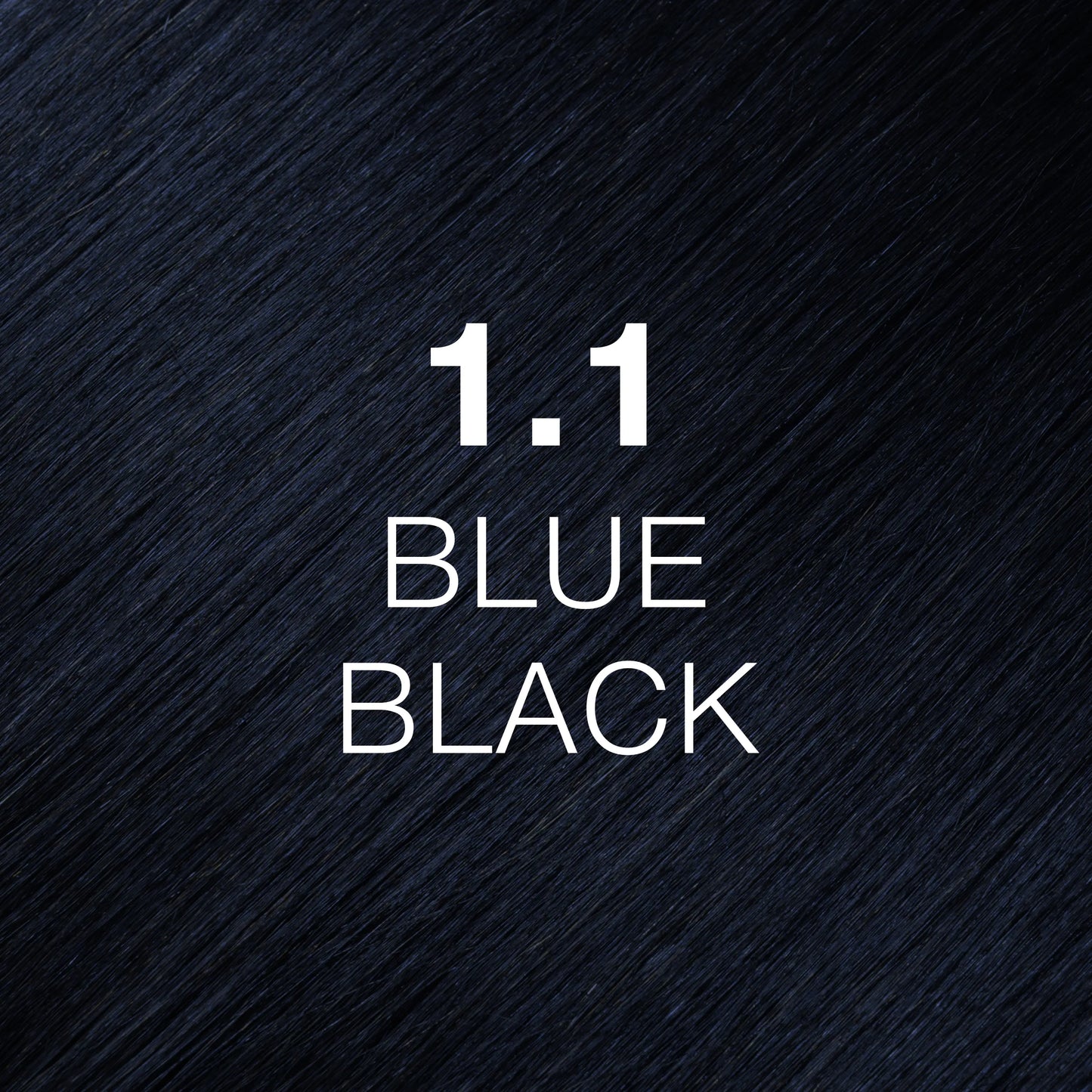 Silky hair texture showcasing the GK Hair's Juxevin Cream Color "1.1 Blue Black" in bold white text.