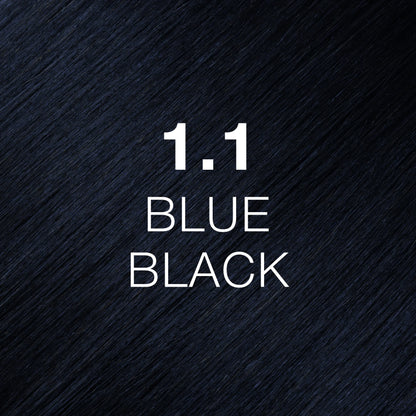 Silky hair texture showcasing the GK Hair's Juxevin Cream Color "1.1 Blue Black" in bold white text.