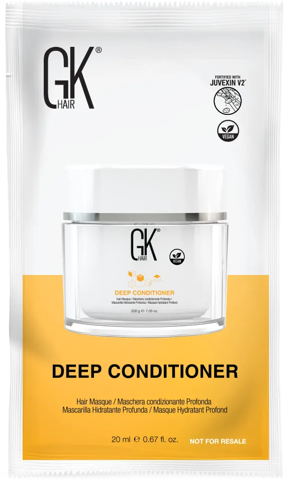 GK Hair Deep Conditioner 20 ml sample sachet picturing the masque jar, marked Fortified with Juvexin V2, Vegan, Not For Resale