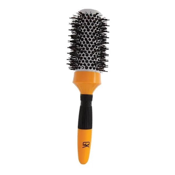 GK Hair Extra Round Brush 53mm upright, vented barrel with black bristles above an orange handle with a black grip