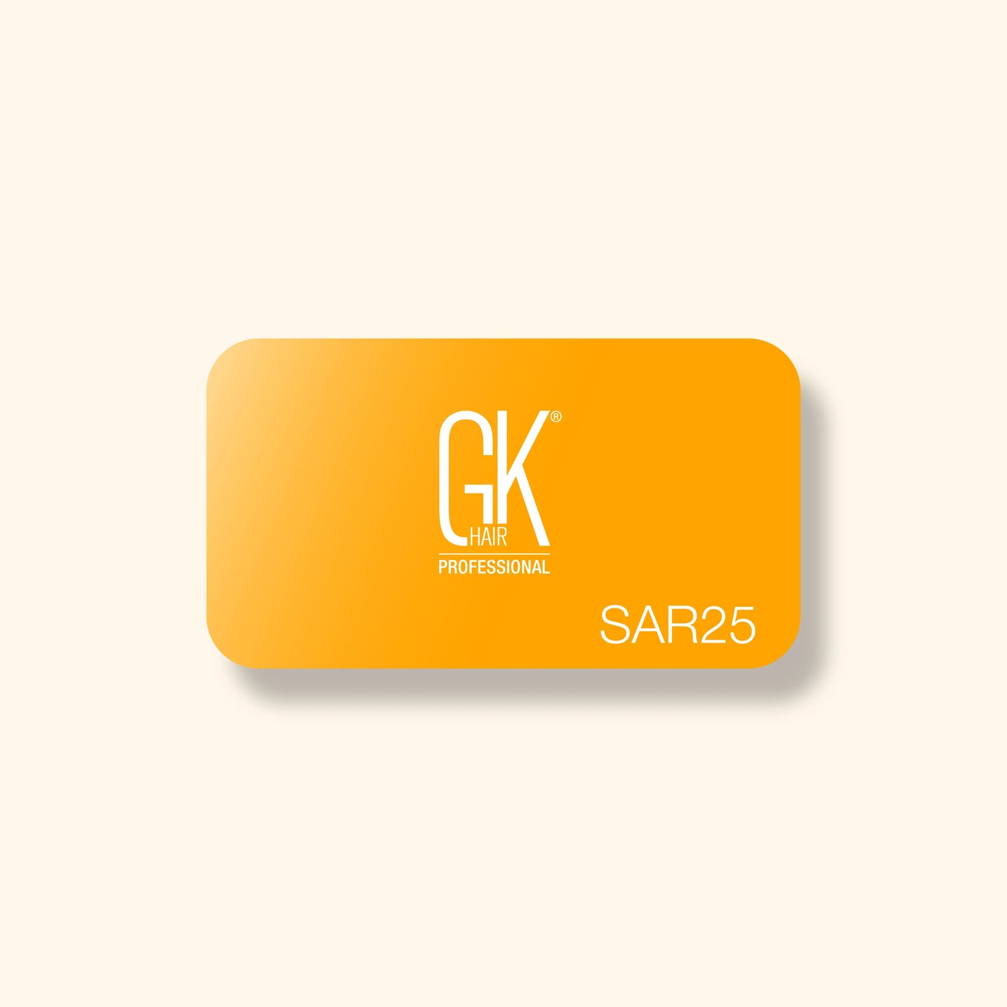 Orange gift card with rounded corners featuring "GK Hair Professional" in white text. The bottom right corner displays "SAR25". Minimalist design.