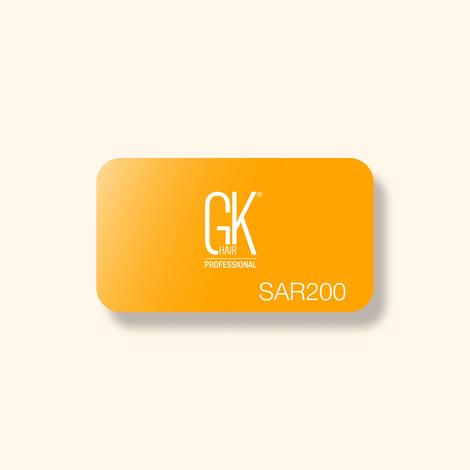Orange gift card with rounded corners featuring "GK Hair Professional" in white text. The bottom right corner displays "SAR 200". Minimalist design.