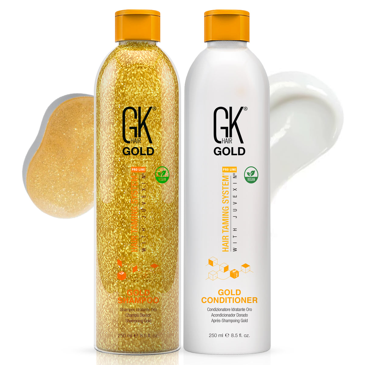 GK Hair Gold Shampoo in a glittering gold bottle and Gold Conditioner in a white bottle, 250 ml each, with product swipes behind