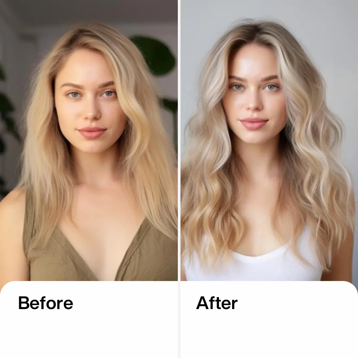 Before and after for GK Hair Hot Bombshell Masque: dull frizzy blonde hair left, smooth shiny blonde waves right