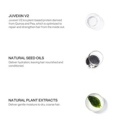 Ingredients panel: Juvexin V2 quinoa and pea protein, natural seed oils and plant extracts shown in petri dishes