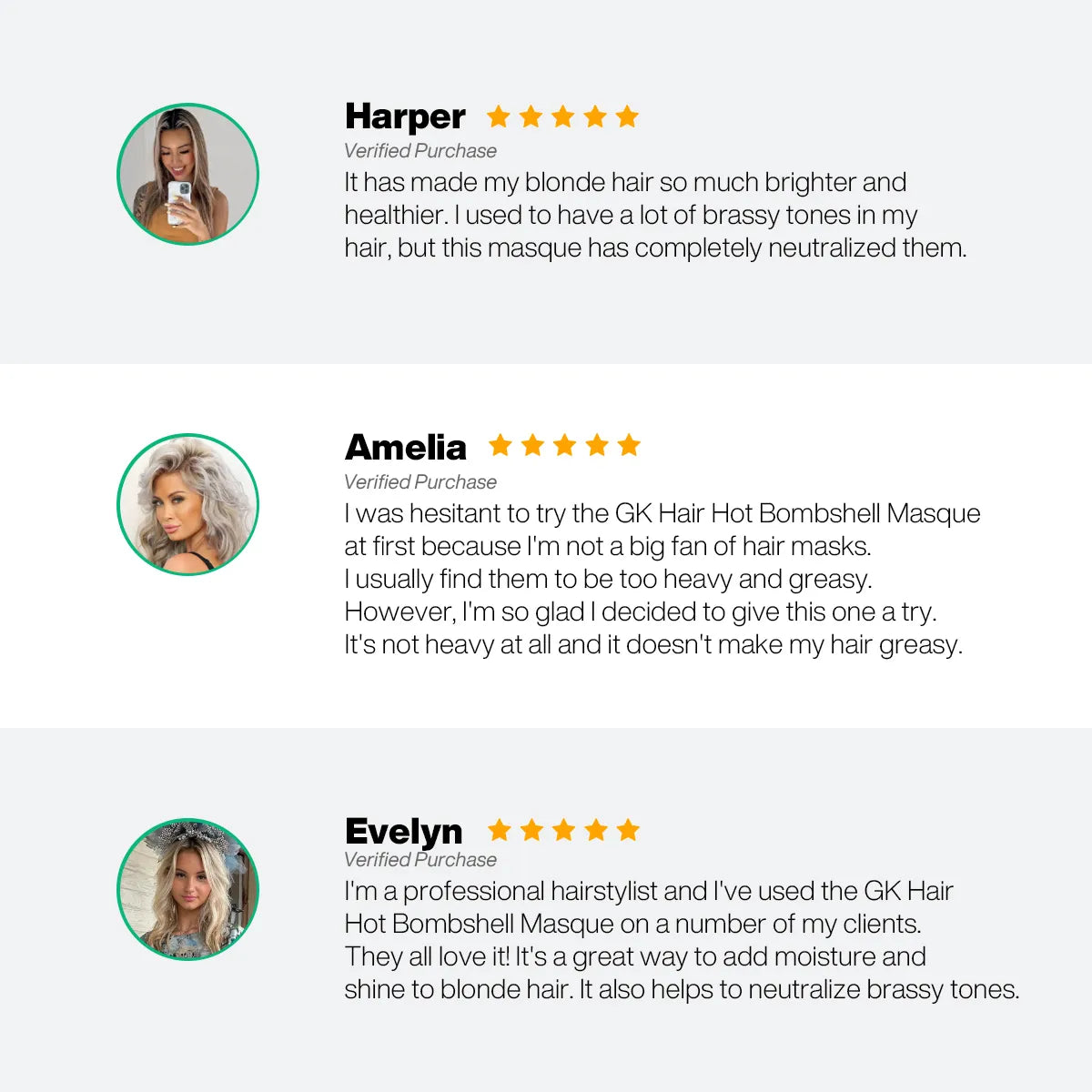 Three five-star reviews with selfies saying GK Hair Hot Bombshell Masque brightens blonde hair and neutralizes brass