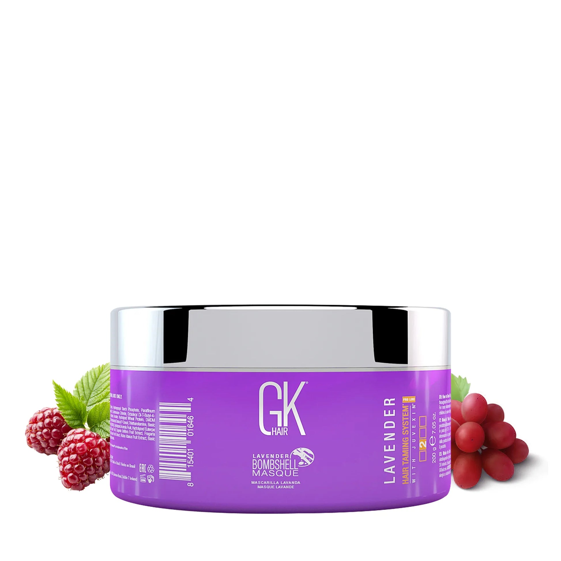 GK Hair Lavender Bombshell Masque 200 g purple jar, back label with barcode, beside raspberries and red grapes