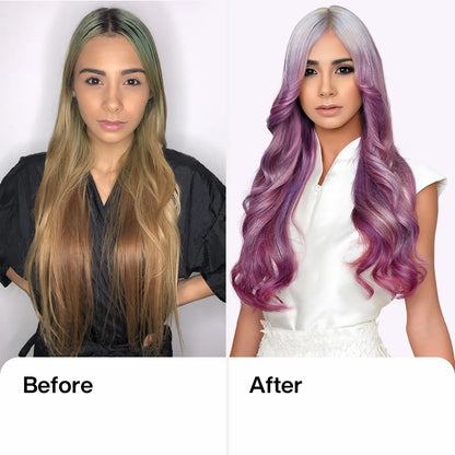 GK Hair Lavender Bombshell Masque before and after: faded brassy blonde hair, then silver-lilac roots into rich purple waves