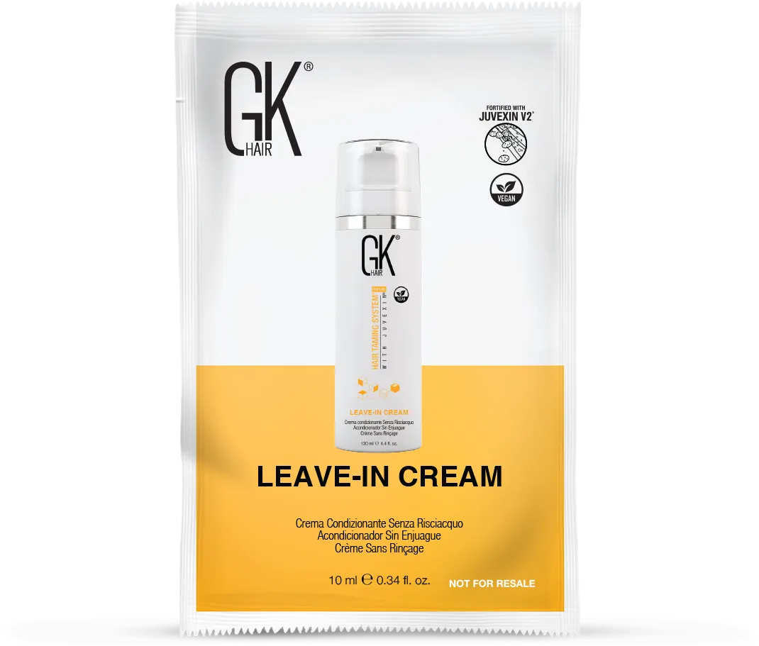 GK Hair Leave-In Cream 10 ml white and yellow sample sachet marked fortified with Juvexin V2, vegan, not for resale
