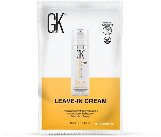 GK Hair Leave-In Cream 10 ml white and yellow sample sachet marked fortified with Juvexin V2, vegan, not for resale