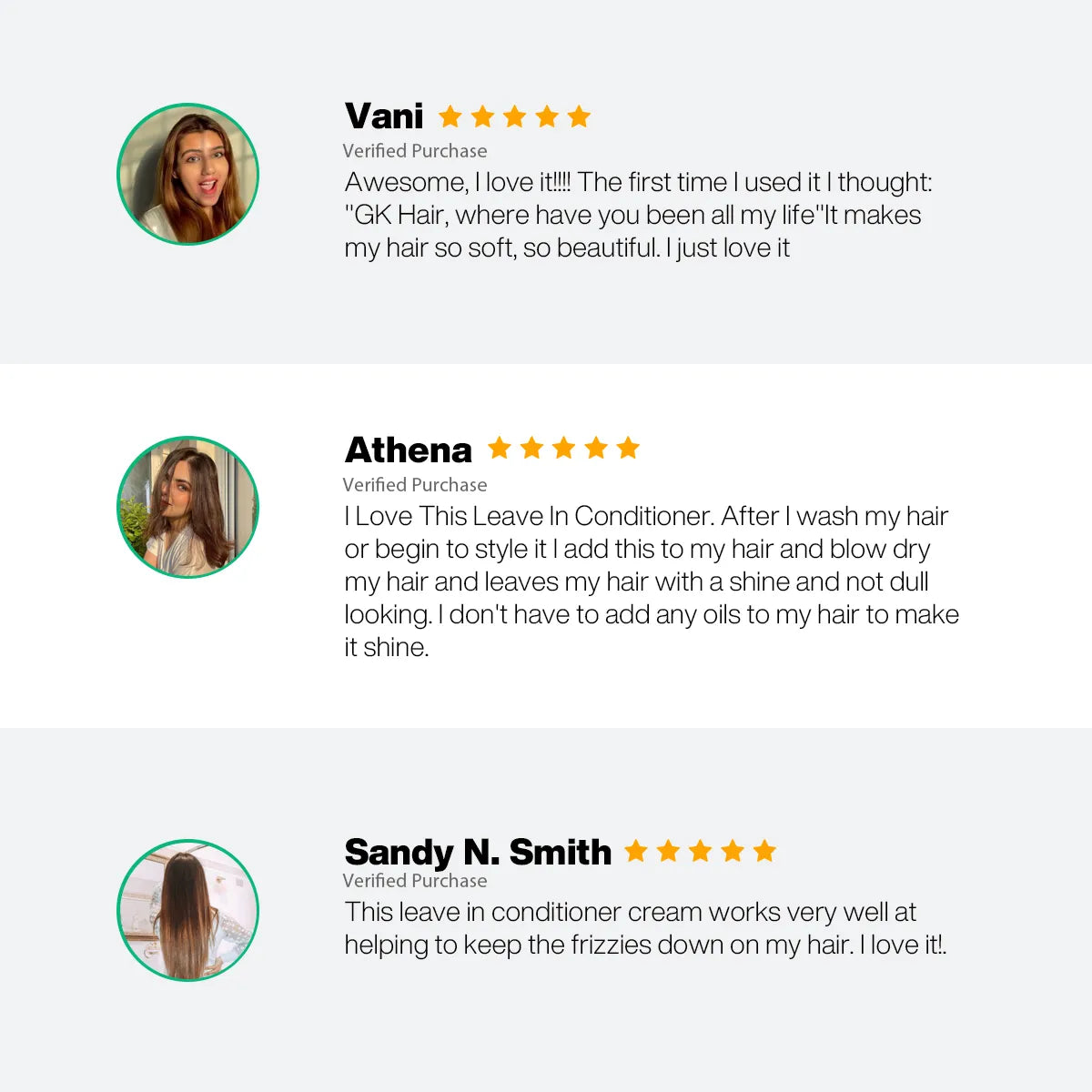 Three five-star verified reviews of GK Hair Leave-In Conditioner Cream from Vani, Athena and Sandy N. Smith