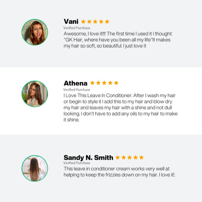Three five-star verified reviews of GK Hair Leave-In Conditioner Cream from Vani, Athena and Sandy N. Smith