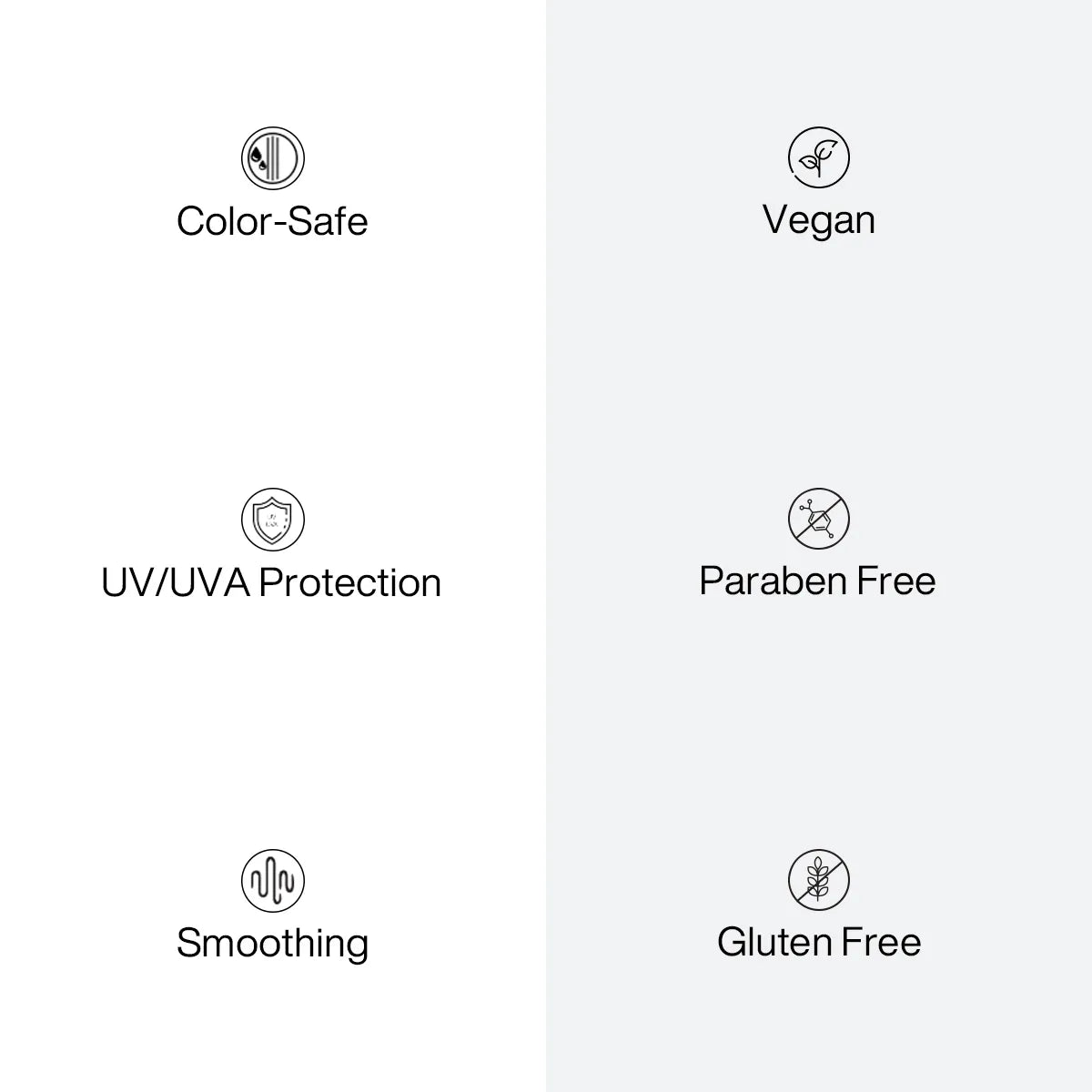 Benefit icons for GK Hair Lock Me Color Masque: Vegan, Paraben Free, Gluten Free, Color-Safe, UV/UVA Protection and Smoothing