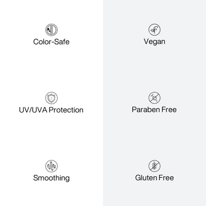 Benefit icons for GK Hair Lock Me Color Masque: Vegan, Paraben Free, Gluten Free, Color-Safe, UV/UVA Protection and Smoothing