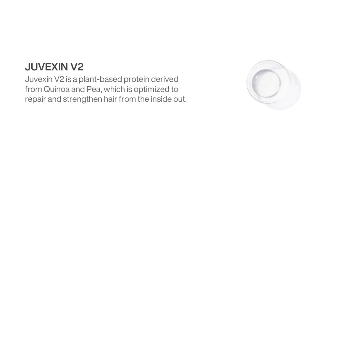 Juvexin V2 ingredient panel for GK Hair Lock Me Color Masque, describing the quinoa and pea protein beside a petri dish