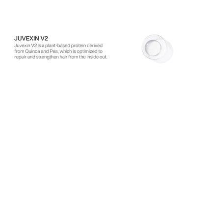Juvexin V2 ingredient panel for GK Hair Lock Me Color Masque, describing the quinoa and pea protein beside a petri dish