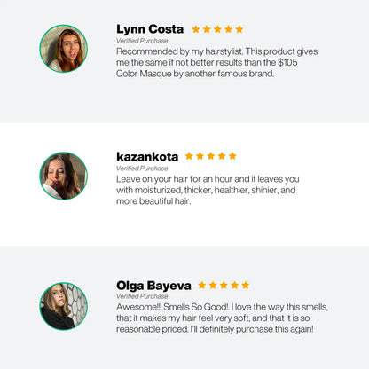 Three five-star customer reviews for GK Hair Lock Me Color Masque praising its scent, softness and value for money