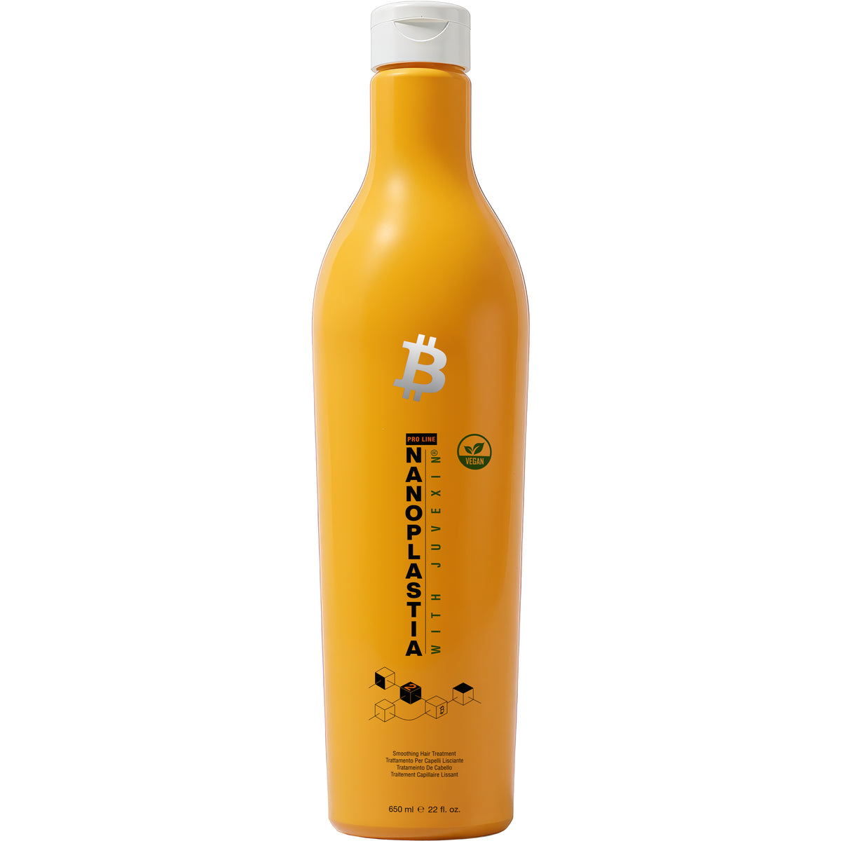 GK Hair Nanoplastia with Juvexin smoothing hair treatment, orange 650 ml bottle with a white cap and a vegan badge