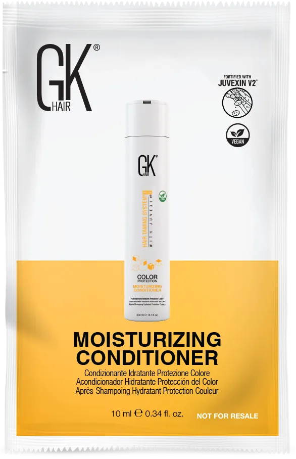 GK Hair Moisturizing Conditioner 10 ml sachet in white and yellow, showing the 300 ml bottle, Juvexin V2 and vegan badges