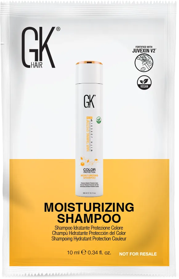 GK Hair Moisturizing Shampoo 10 ml sachet in white and yellow, showing the 300 ml bottle, Juvexin V2 and vegan badges