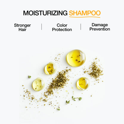 Moisturizing shampoo promoting stronger hair, color protection, and damage prevention, with droplets of oil and herbs on a white background.