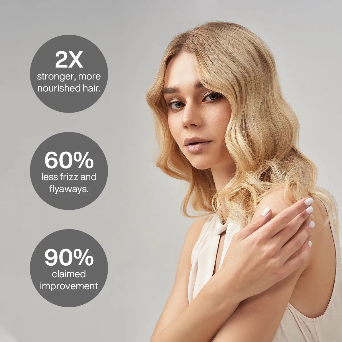 Woman with wavy blonde hair wearing a light-colored top, featuring text highlighting hair improvement claims after using Moisturizing Shampoo and Conditioner.