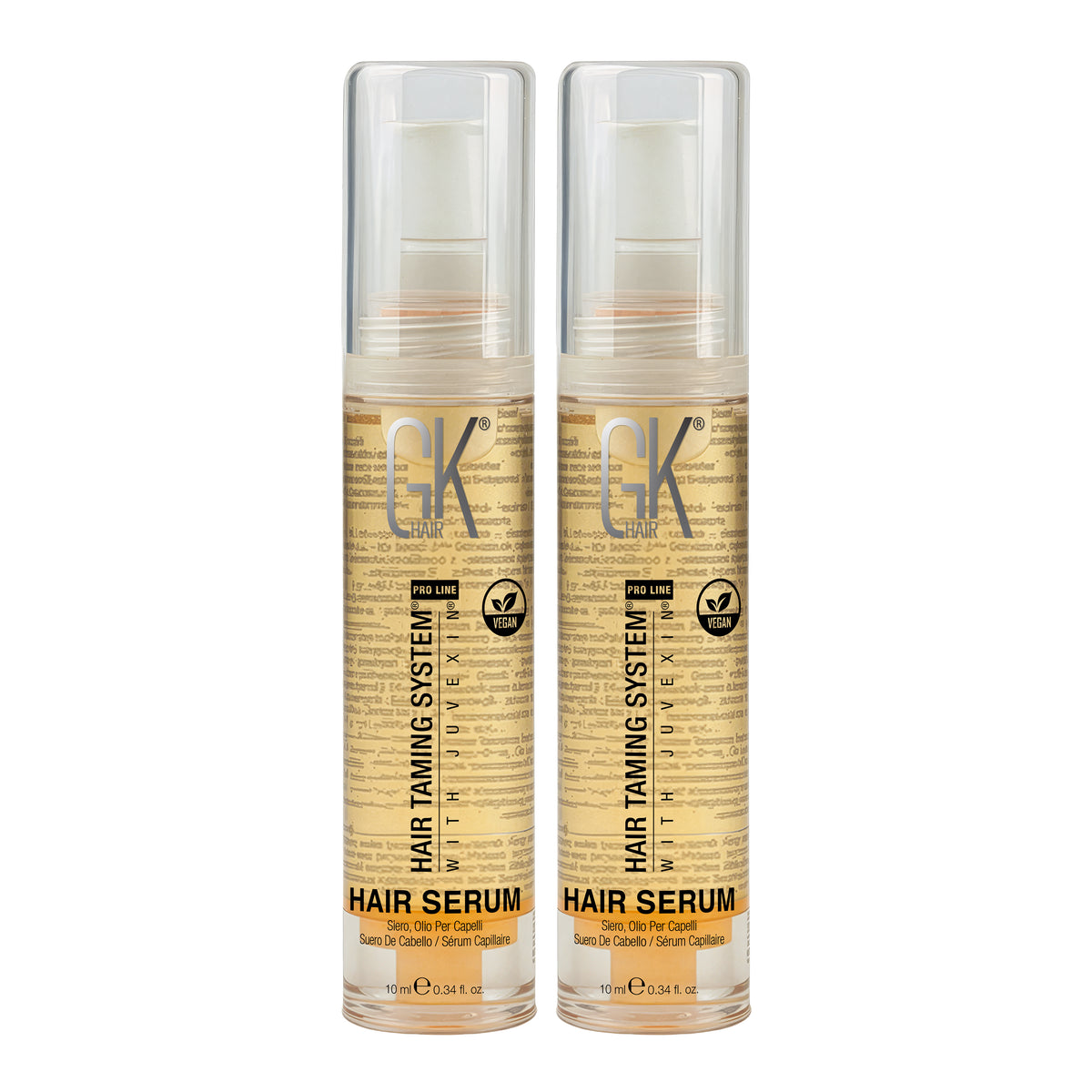 Two GK Hair Hair Serum 10 ml pump bottles side by side, Hair Taming System with Juvexin, Pro Line and Vegan badges