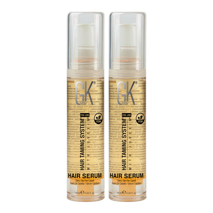 Two GK Hair Hair Serum 10 ml pump bottles side by side, Hair Taming System with Juvexin, Pro Line and Vegan badges