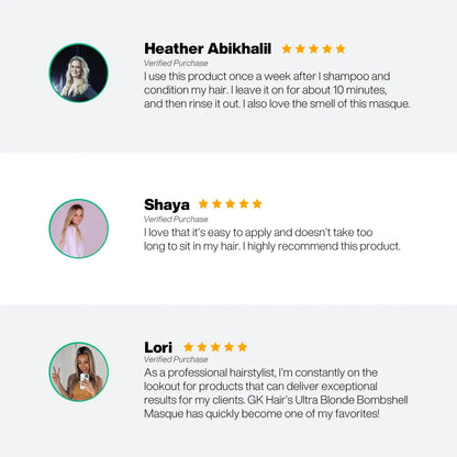 Three five-star verified reviews from Heather Abikhalil, Shaya and Lori praising GK Hair Ultra Blonde Bombshell Masque
