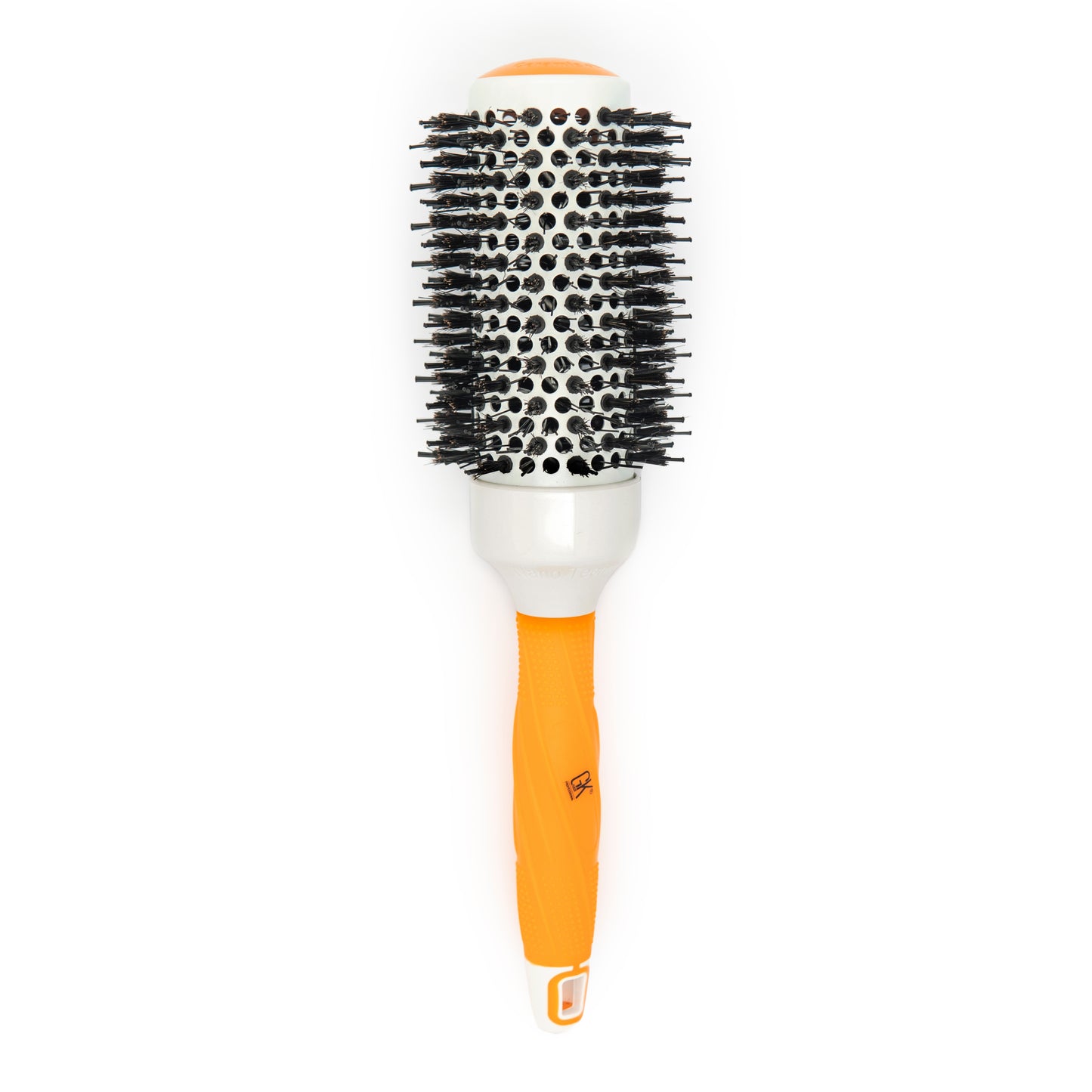 GK Hair thermal round brush standing upright, white ceramic barrel with black bristles and a ridged orange grip