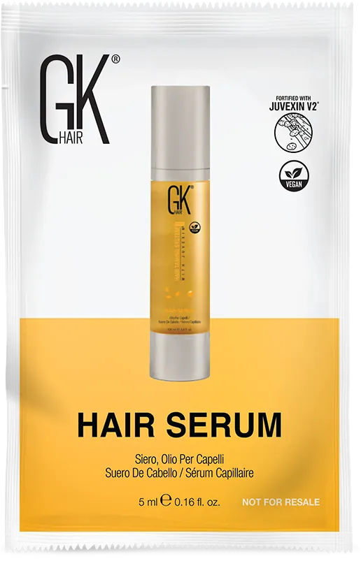 GK Hair Hair Serum 5 ml sachet in white and yellow showing the gold serum bottle, Juvexin V2 and vegan marks, not for resale