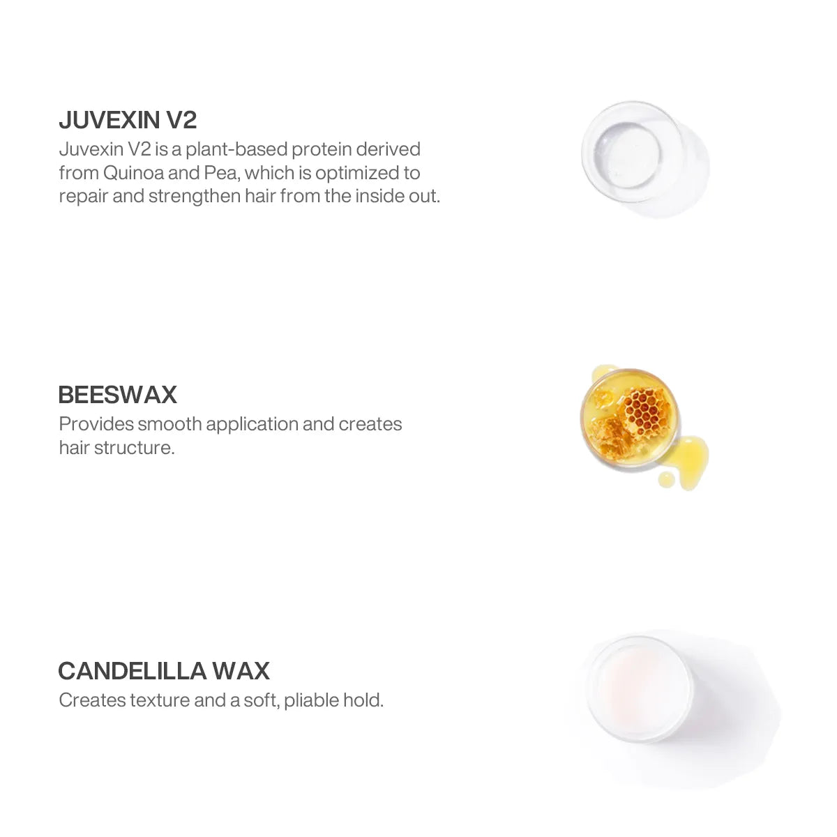 Ingredients panel listing Juvexin V2 plant protein, Beeswax for smooth application and Candelilla Wax for soft pliable hold