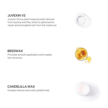 Ingredients panel listing Juvexin V2 plant protein, Beeswax for smooth application and Candelilla Wax for soft pliable hold