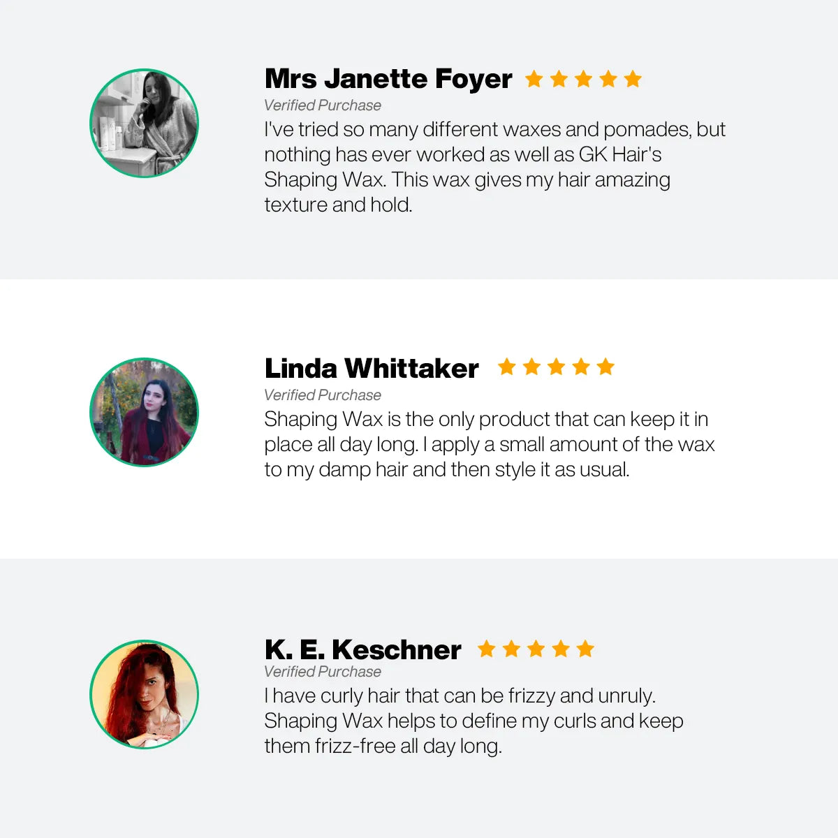 GK Hair Shaping Wax review panel: three five-star verified purchases praising texture, all-day hold and frizz-free curls