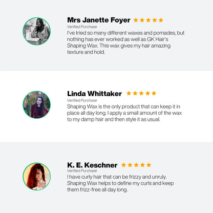 GK Hair Shaping Wax review panel: three five-star verified purchases praising texture, all-day hold and frizz-free curls
